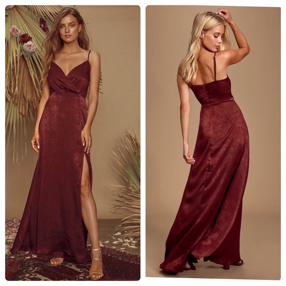 Lulus Constantine Burgundy Satin Maxi Dress Size M